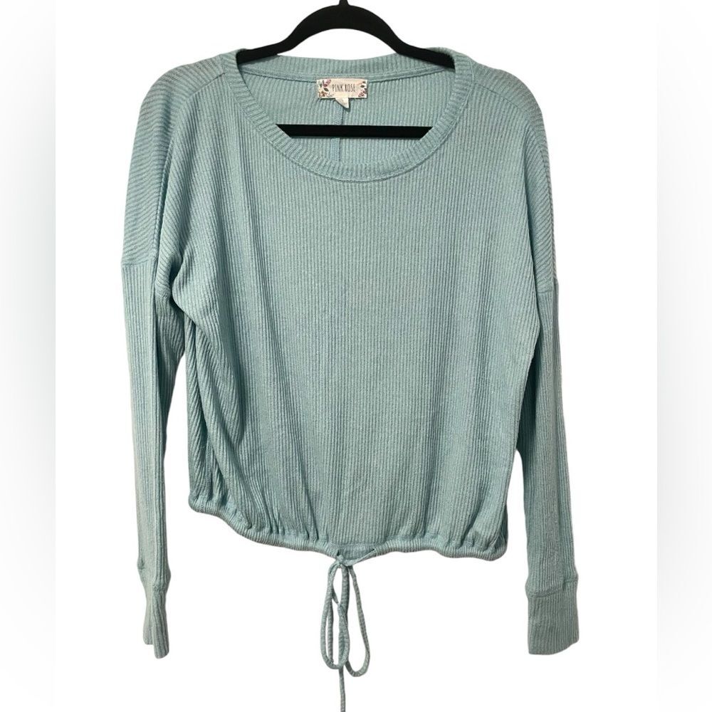Pink Rose Drawstring-Hem Knit Top‎ Sweater Light Teal Blue Size Medium